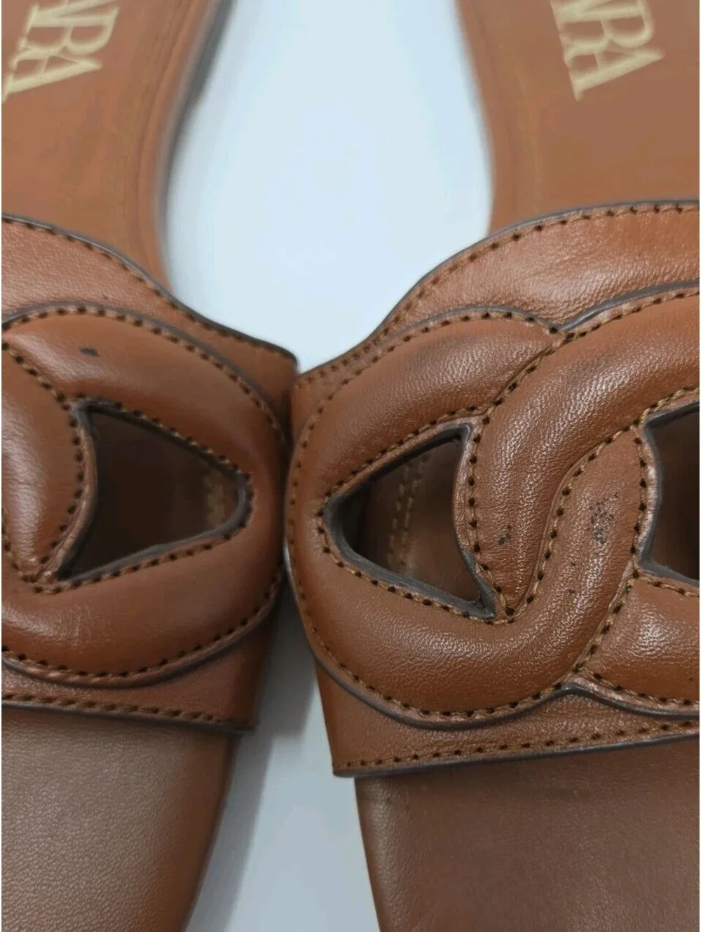 Zara Leather Flat Slides Brown Size 6 / 36 Easy Summer Sandals
